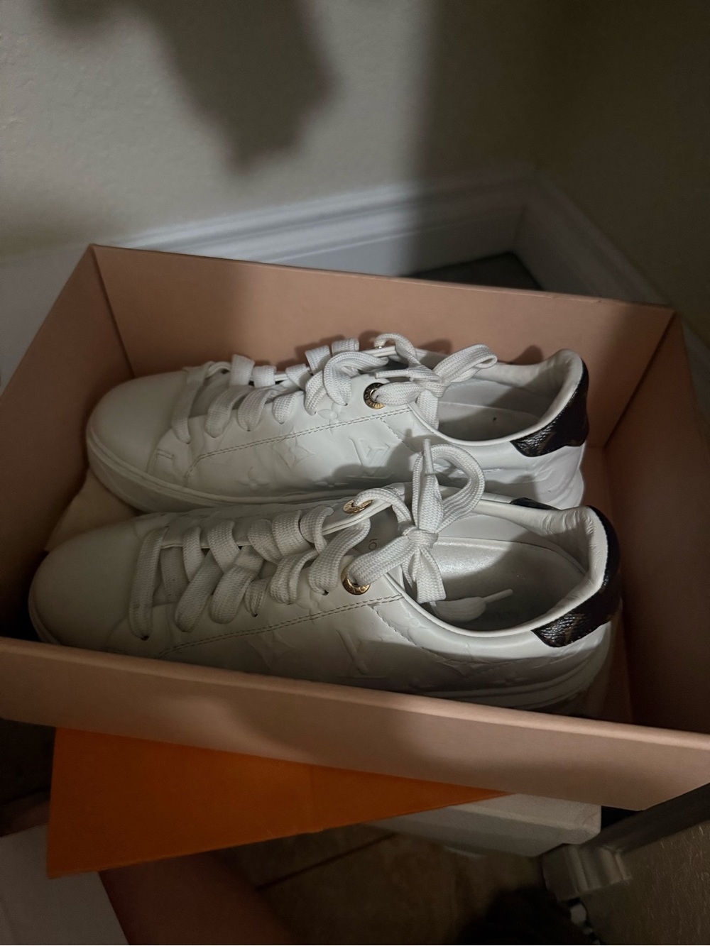 Louis Vuitton White Leather Sneakers with Dark Brown Heel